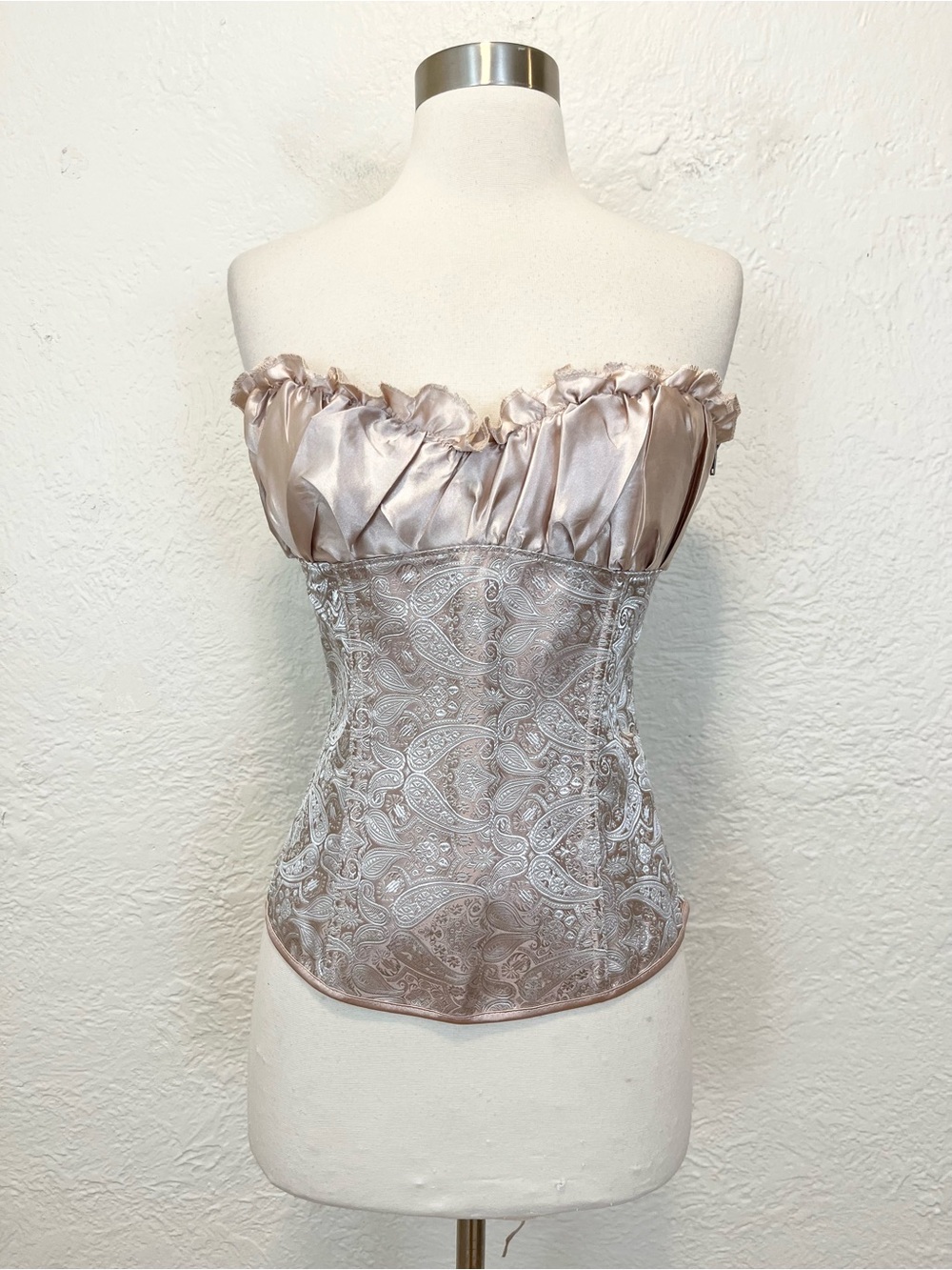 Beige Satin Corset Top Fairy Renaissance Victorian Pinup Lace Up Large L